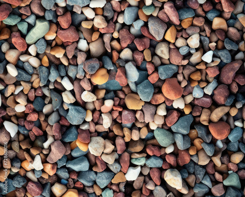 Downward view of multi-color crushed stone gravel  and pebbles