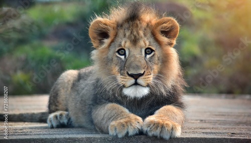 a close up of a lion laying on the ground with it s front paws on the ground looking at the camera lion head portrait baby face photo