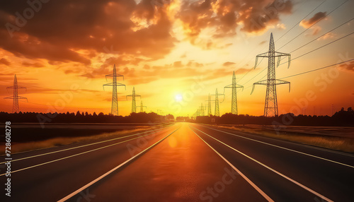 Power lines by the road at sunset