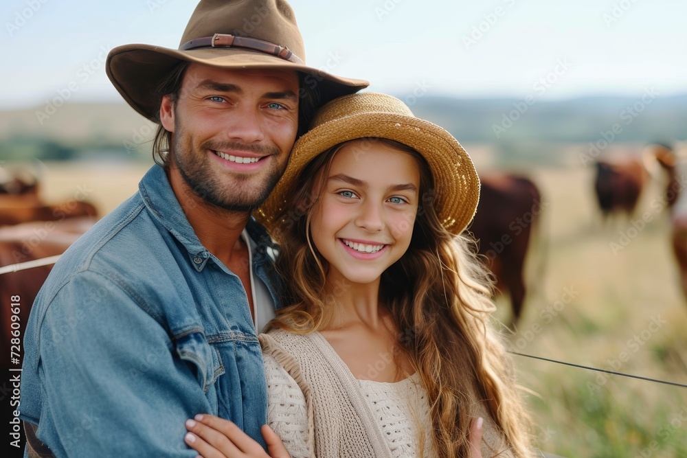 A fashion-forward man and young girl radiate joy while posing for a picture in a picturesque ranch resort, showcasing their stylish sun hats and cowboy hats against a vibrant backdrop of green grass,
