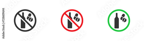 No alcohol with drugs contraindicated, no wine with pills forbidden red circle. Health care symbol. Flat vector illustration. photo