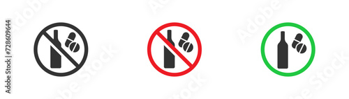 No alcohol with drugs contraindicated, no wine with pills forbidden red circle. Health care symbol. Flat vector illustration.