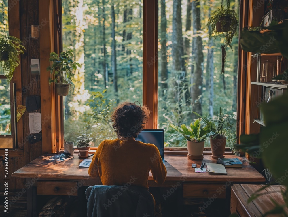 A person working in a cozy home office with a view of nature A person working in a cozy home office with a view of nature
