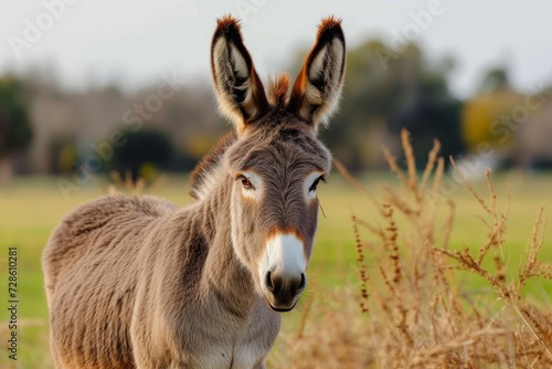 A curious donkey stands amidst a sea of grass, its gaze fixed upon the horizon, embodying the essence of a tranquil and wild terrestrial mammal