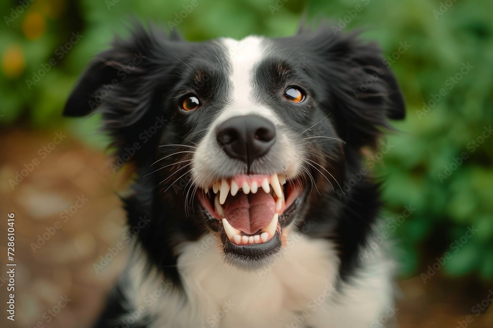 A fierce and loyal australian collie, with its snout and teeth bared, proudly guards its owner's outdoor property with its black and white coat shining in the sunlight