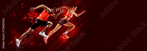 Flyer. Man and woman, professional joggers fast running in motion against dark background with polygonal and fluid neon elements. Concept of professional sport, competition, championship, power. Ad photo