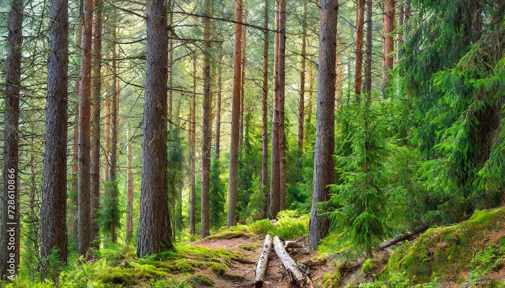 Healthy green trees in a forest of old spruce, fir and pine trees in wilderness of a national park. Sustainable industry, ecosystem and healthy environment concepts and background.. High quality Healthy green trees in a forest of old spruce, fir and pine trees in wilderness of a national park. Sustainable industry, ecosystem and healthy environment concepts and background.. High quality