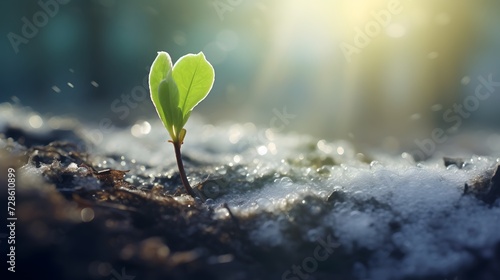 Young green sprout emerging from snowy frozen ground announcing end of winter end beginning of spring season photo