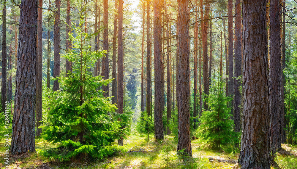 Naklejka premium Healthy green trees in a forest of old spruce