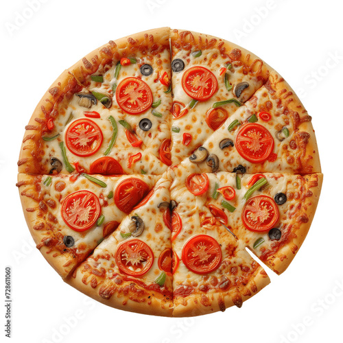 A freshly baked pizza with tomatoes, mushrooms, jalapenos, and olives on Transparent Background