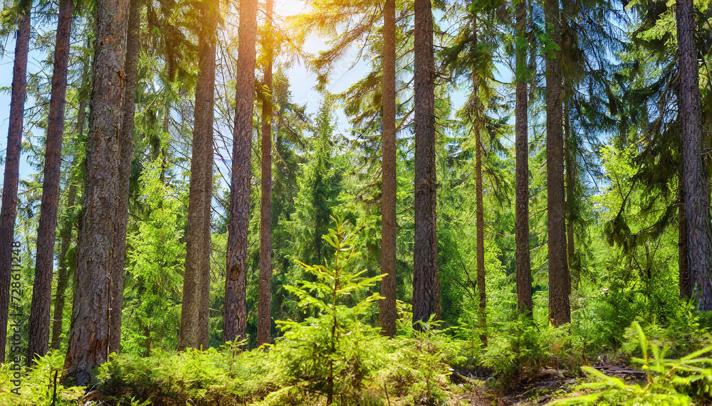 Healthy green trees in a forest of old spruce, fir and pine trees in wilderness of a national park. Sustainable industry, ecosystem and healthy environment concepts and background.. High quality Healthy green trees in a forest of old spruce, fir and pine trees in wilderness of a national park. Sustainable industry, ecosystem and healthy environment concepts and background.. High quality