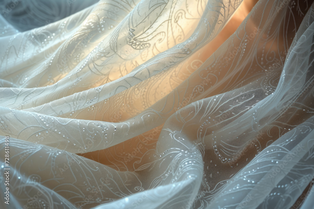 Flowing wavy floral lace with beaded embroidery on transparent colorful evening or wedding dress fabric. Elegant white gown with glitters. Close-up, selective focus. Flowing wavy floral lace with beaded embroidery on transparent colorful evening or wedding dress fabric. Elegant white gown with glitters. Close-up, selective focus.