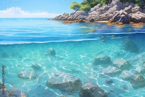 A Painting of the Ocean With Rocks and Water