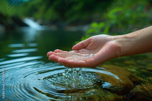 A lone figure connects with the serenity of nature as their hand delicately dips into the calm waters of the lake