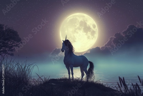 A majestic unicorn gazes upon the tranquil waters, illuminated by the ethereal glow of the full moon, as it stands proudly atop a hill in the great outdoors