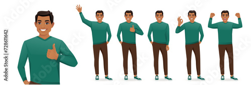 Young business man wearing casual green sweater in different poses set. Various gestures in full length - greeting, showing ok sign, thumbs up, celebrating isolated vector illustration
