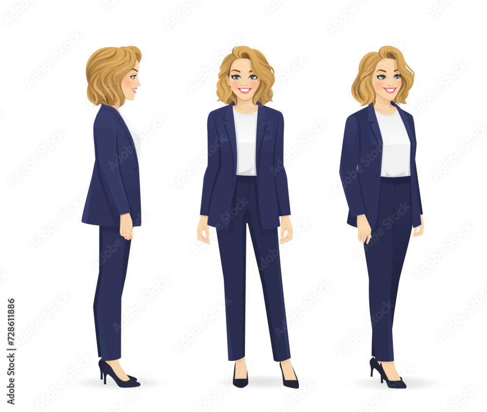 Elegant beautiful business woman in different side view from the front, from the side and half turn set. Isolated vector illustration Elegant beautiful business woman in different side view from the front, from the side and half turn set. Isolated vector illustration