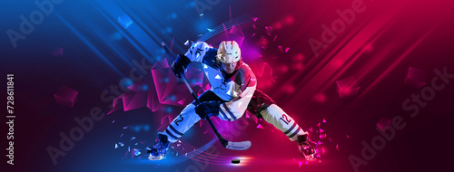 Poster. Focused hockey player train kicks and get puck in action against gradient background with neon elements. Concept of professional sport, competition, championship tournaments, energy. Ad