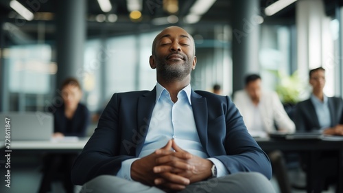 businessman relaxing with his eyes closed, clasping his hands together in front of him, seemingly in a state of rest or meditation