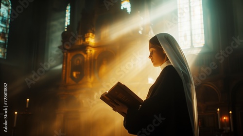 woman dressed as a nun stands in a church holding a book illuminated by rays of light
