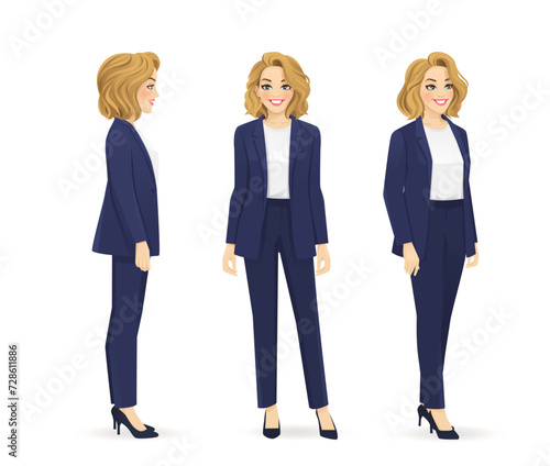Elegant beautiful business woman in different side view from the front, from the side and half turn set. Isolated vector illustration