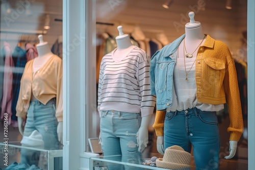 A fashionable mannequin stands proudly in the boutique's display window, showcasing the latest jeans and clothing trends for passersby on the busy street