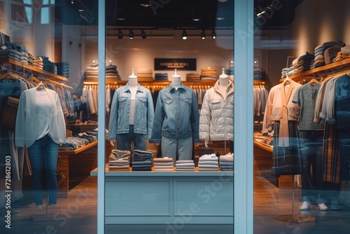 A fashionable boutique display window showcases a variety of trendy clothing on mannequins, inviting passersby to step inside and explore the stylish offerings within photo