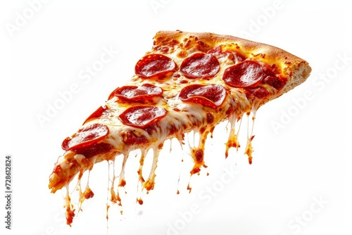 Template with delicious tasty slice of pepperoni pizza flying on white background. Generative AI