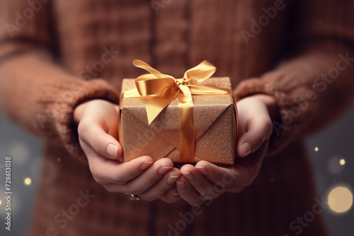 A woman in a brown sweater holds in her hands a beautiful gift box, wrapped in craft paper and with a bow.