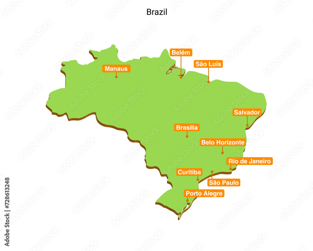 3d vector illustration graphic green color geographical map of Brazil with largest cities shown