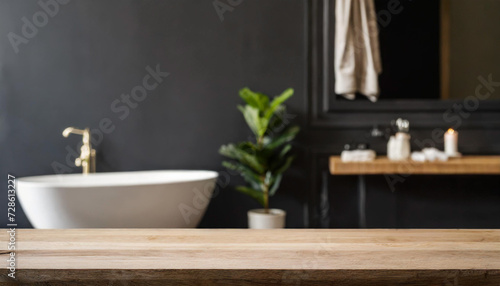 Light wooden bathroom countertop with vase on stylish sunny batroom background with black bath  light wall and city view from huge window
