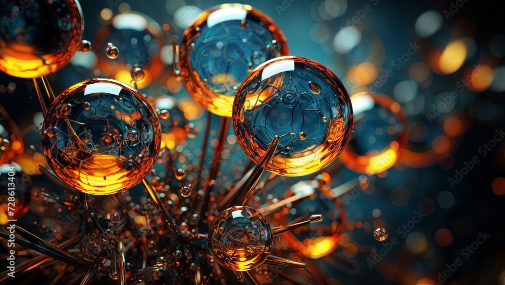 Psychedelic Particles: A 3D Rendering of Orange and Blue Spheres with Detailed Droplets and Glowing Particles
