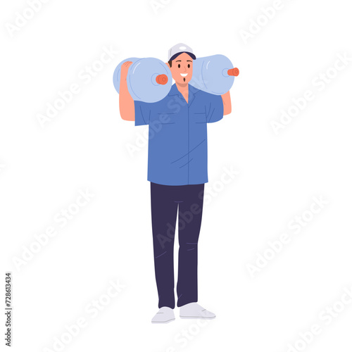 Happy smiling deliveryman cartoon character carrying two bottles of purified water isolated on white