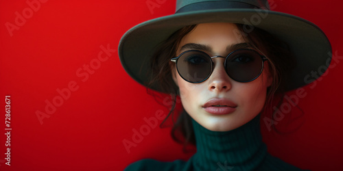 a cool young woman with sunglasses and hat in front of a red background © Riverland Studio