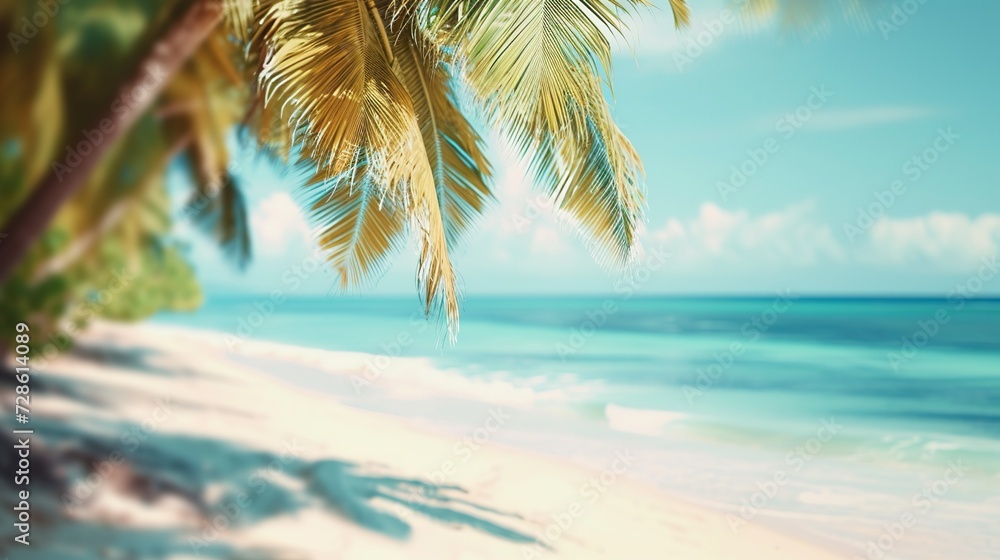 Fototapeta premium Blurred beach scene background. Golden sand, turquoise water, and a soft clouds sky, framed by the silhouetted fronds of an overhanging palm tree.