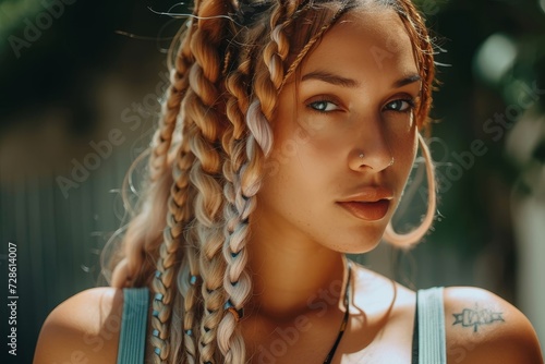 A stunning woman with a fierce gaze and intricately braided hair showcases her unique style and confidence in this outdoor fashion portrait