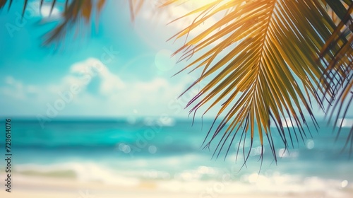 Blurred beach scene background with sunlight. Sharp palm leaves against a blurred ocean and sky backdrop, Warm tropical glow.