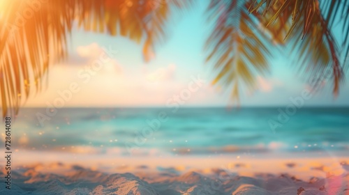 Blurred beach scene background. Golden sand, turquoise water, and a soft clouds sky, framed by the silhouetted fronds of an overhanging palm tree.
