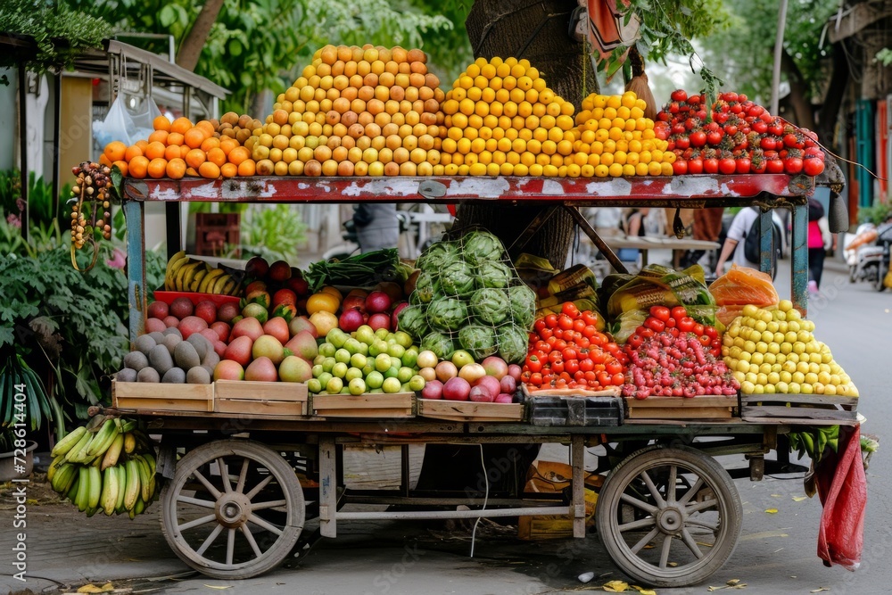 A Cart Full of Fruits and Vegetables on a Street