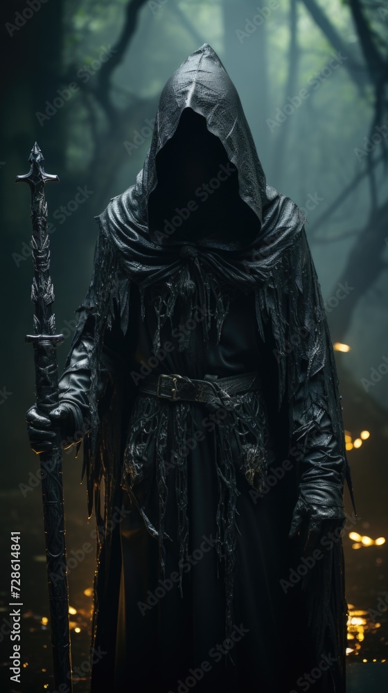 Dark sorcerer in the mystical depths of an enchanted forest