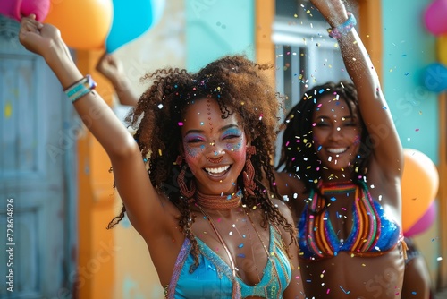 Joyful showgirls adorned in colorful makeup and clothing, with balloons and confetti in hand, dance and smile freely outdoors as they embrace their femininity and celebrate womanhood