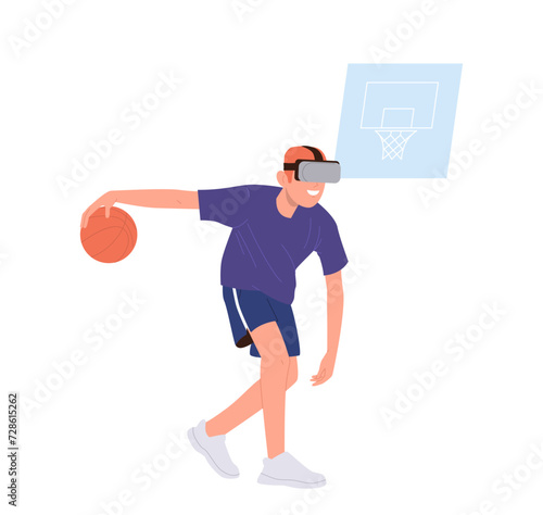 Young sportsman cartoon character wearing VR headsets glasses playing basketball game simulation