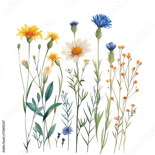 White background with a beautiful array of flowers including daisies  chamomile  and blossoms  watercolor digital art  plain background  pastel color theme