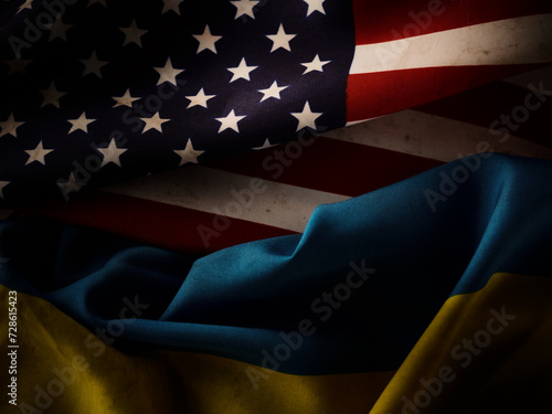 Grunge background of two flags of Ukraine and United States of America