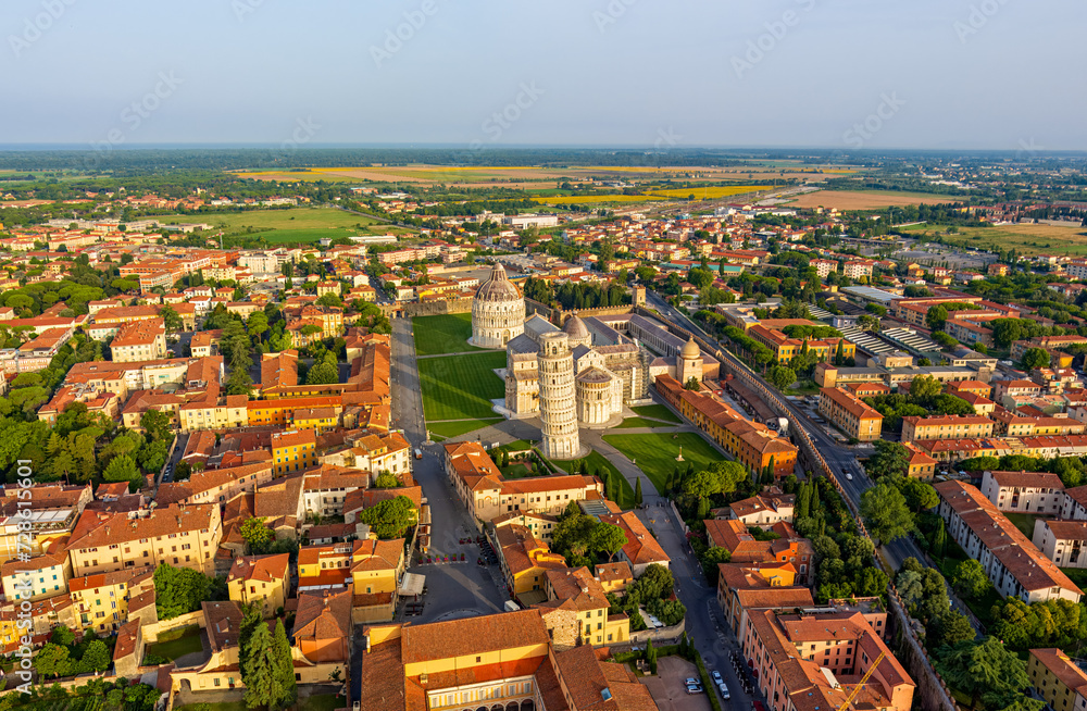 Pisa, Italy. Leaning Tower of Pisa. Panoramic view in the morning. Aerial view