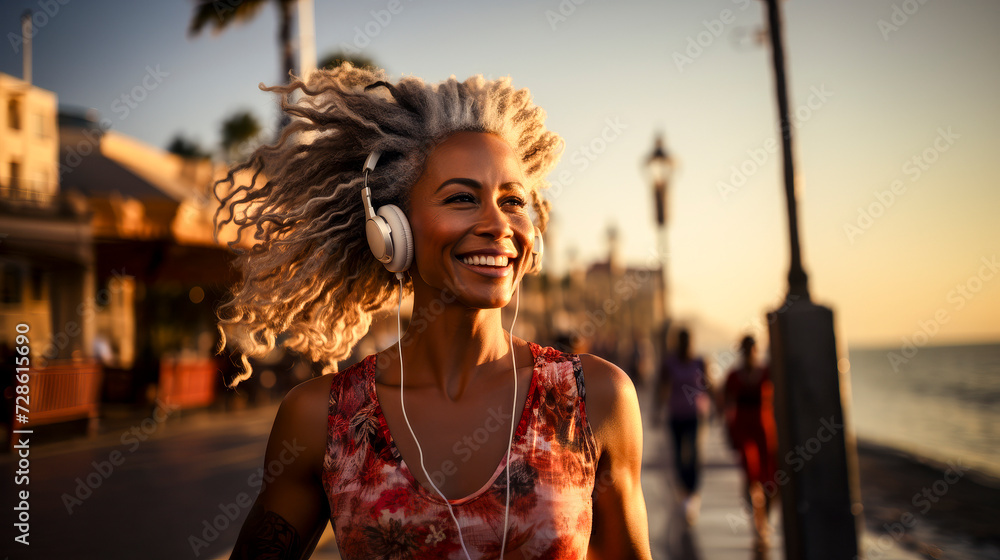 middle-aged woman running outdoors in a maritime walk at sunset - healthy and active lifestyle concept