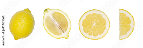 Several pieces in a row of cut lemon on a cutout PNG transparent background