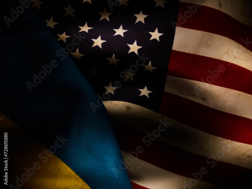 Grunge background of two flags of Ukraine and United States of America