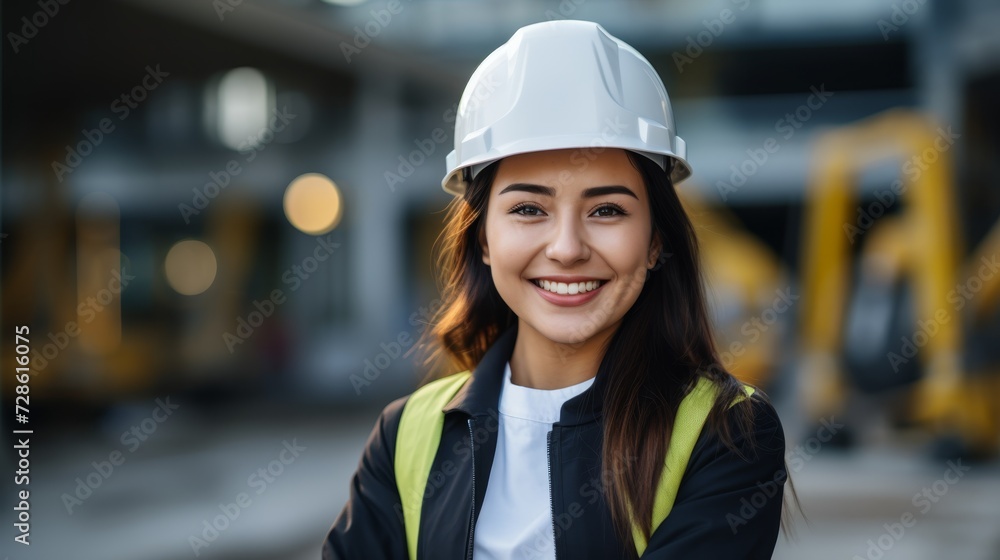 engineer woman wearing helmet and uniform in building construction site background engineer woman wearing helmet and uniform in building construction site background