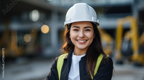 engineer woman wearing helmet and uniform in building construction site background